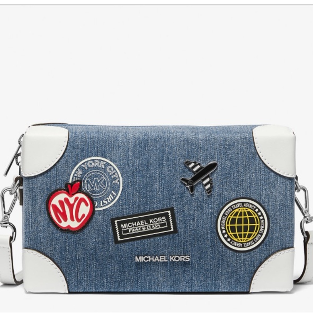 Michael Kors Blue and White Crossbody Bag with Travel-Inspired Design